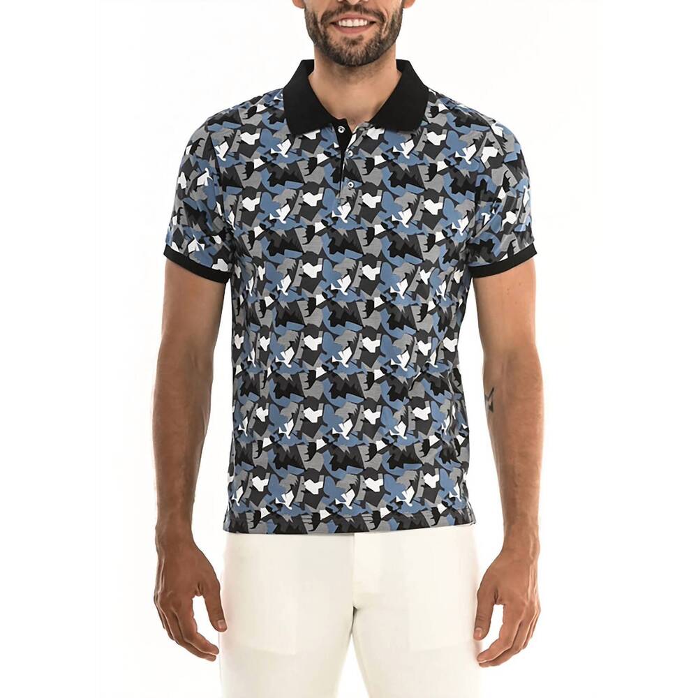 NEW POSTMARC geo camo polo shirt in grey/black